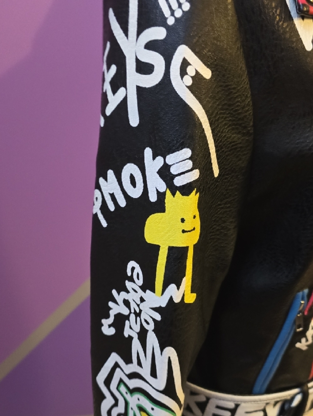 Painted Black Leather Biker Jacket with Multicolor Graffiti Accents - Picture 10 of 14